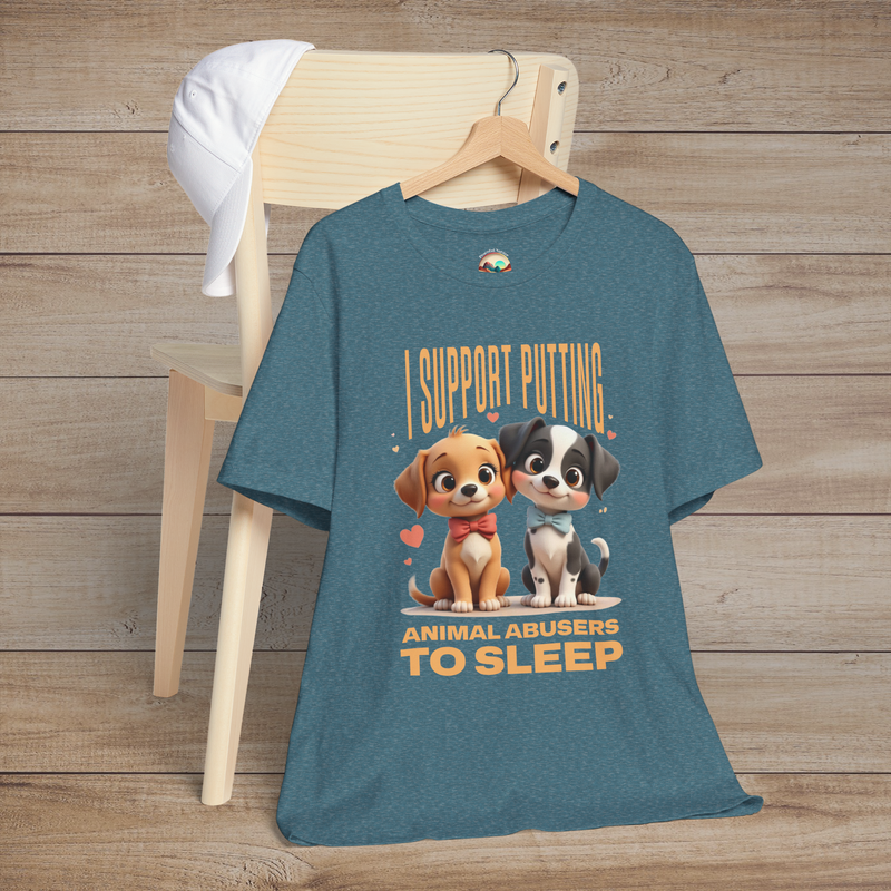 Heather deep teal tee with two sweet cartoon puppies in red and blue bows, plus bold message about stopping animal abuse