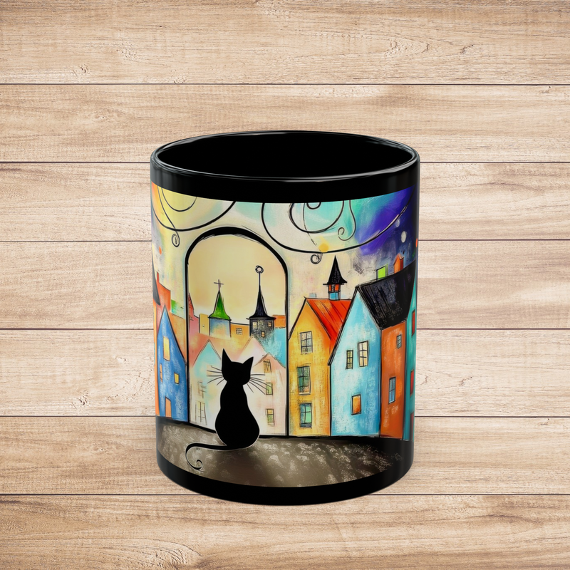 Black ceramic 11 oz mug showing black cat sitting under whimsical sky with colorful city background, front view
