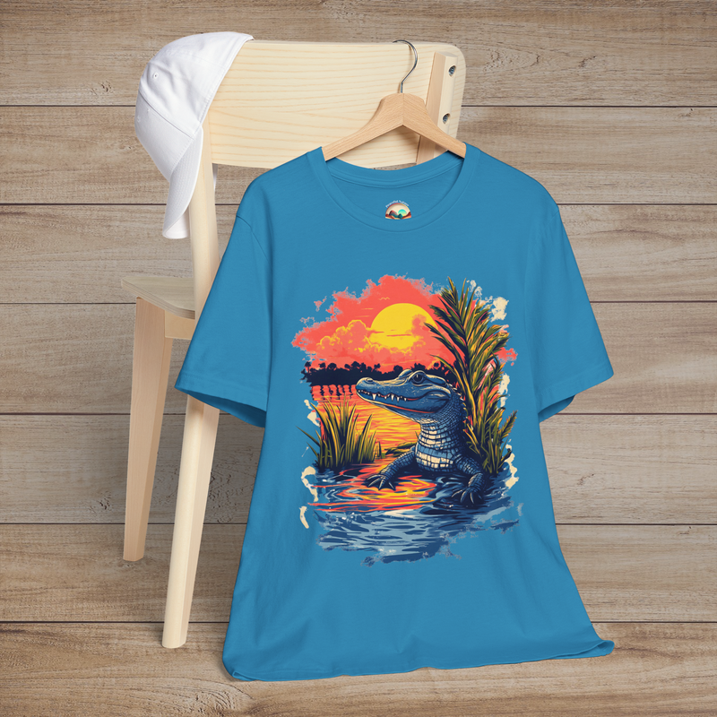 🐊 Sunset Swamp Vibes – Premium Baby Alligator Graphic Tee Aqua