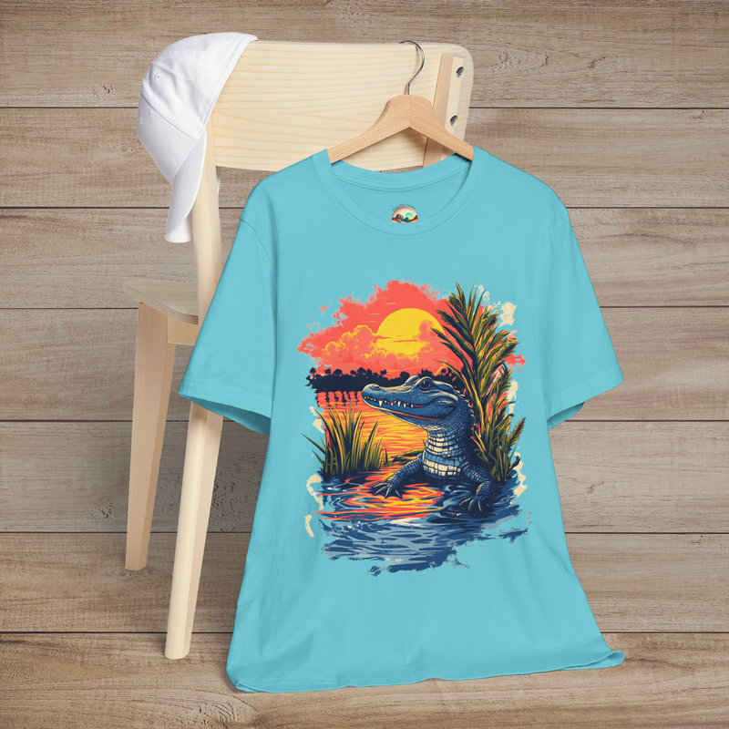 🐊 Sunset Swamp Vibes – Premium Baby Alligator Graphic Tee Turquoise