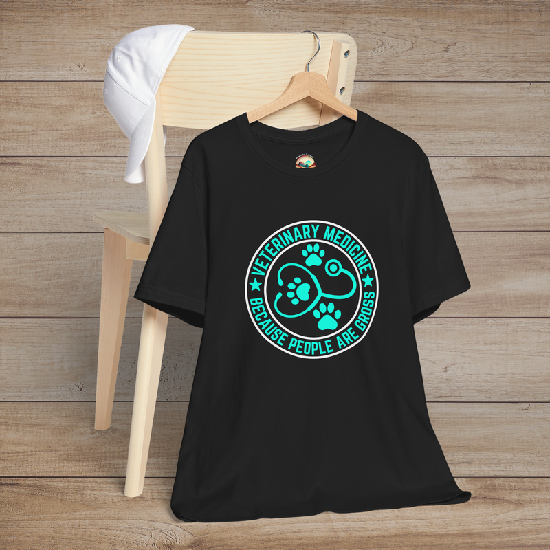 Black t-shirt with bold turquoise vet-themed graphic reading “Veterinary Medicine Because People Are Gross” with paw prints and stethoscope