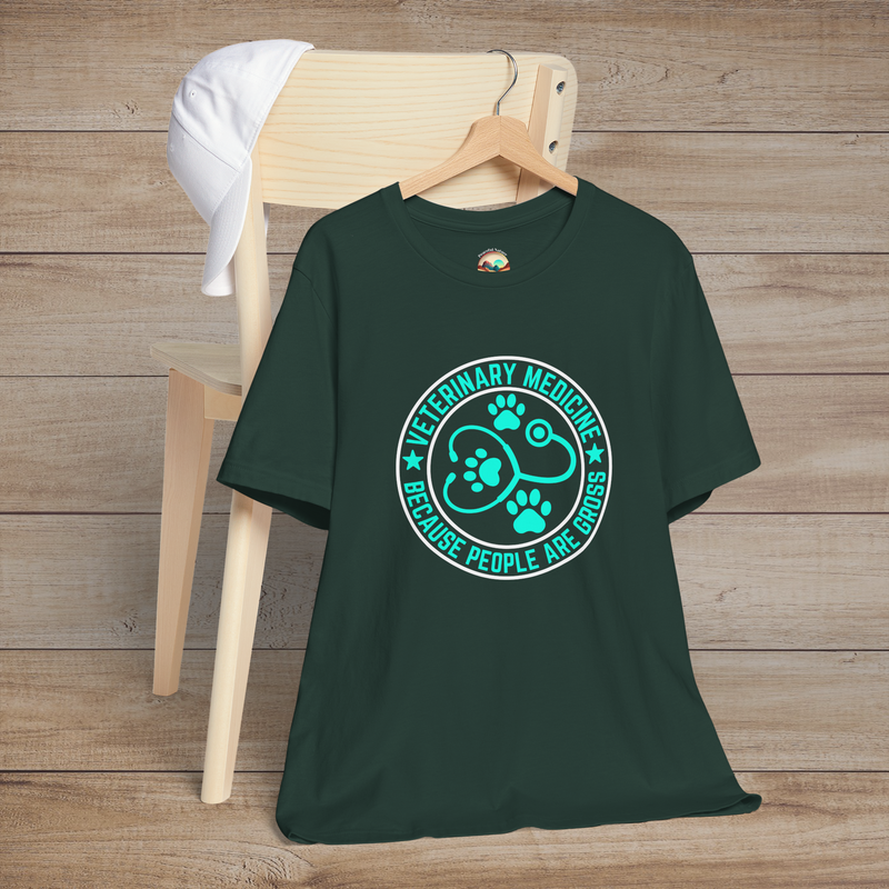 Forest green t-shirt with funny turquoise vet tech design featuring a stethoscope and paw prints inside a circular layout