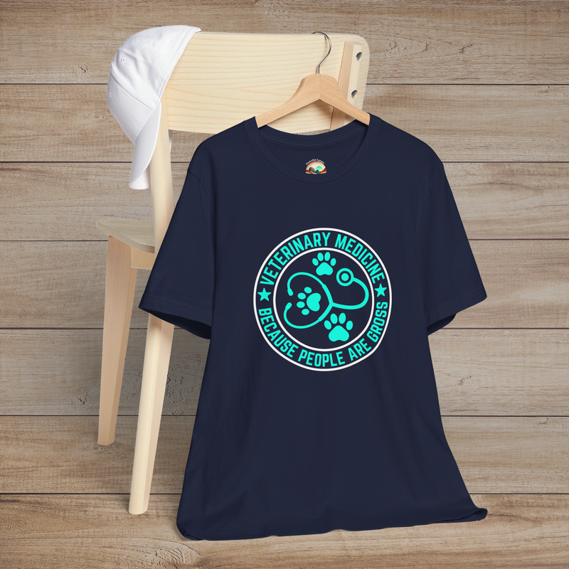 Navy t-shirt with light blue veterinary humor graphic showing paw prints and stethoscope surrounding the phrase “Because People Are Gross”