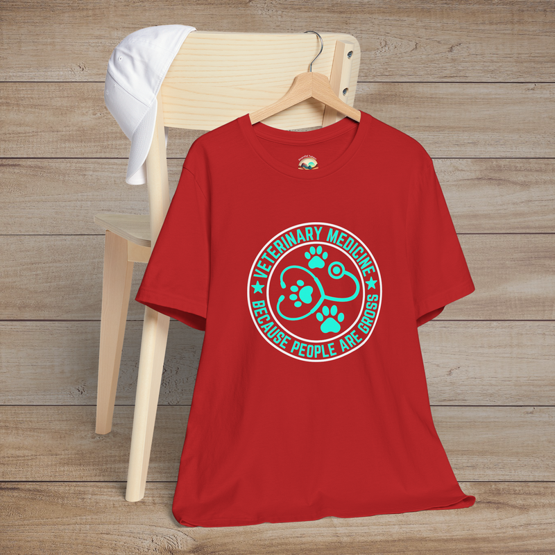 Red t-shirt with humorous veterinary medicine design in turquoise featuring paw prints and the quote “Because People Are Gross”