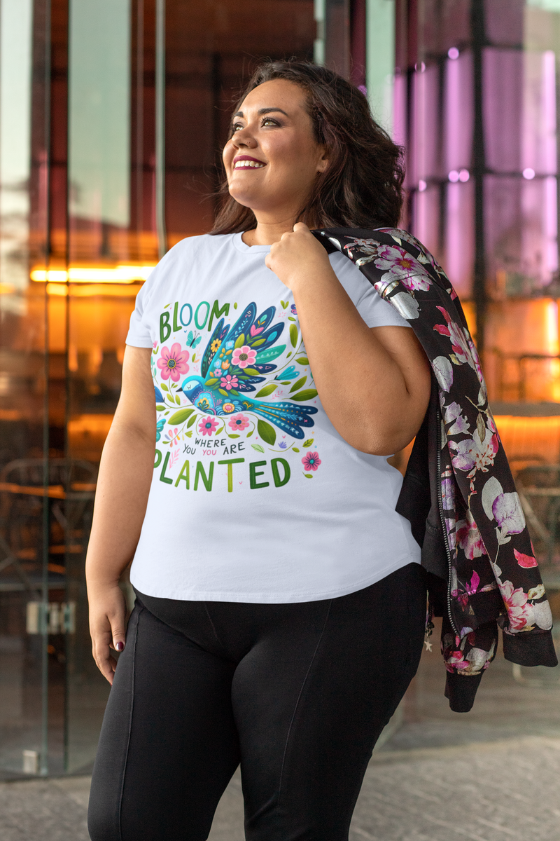 The Bloom Where You Are Planted T-Shirt – Floral Bird & Positive Vibes Tee