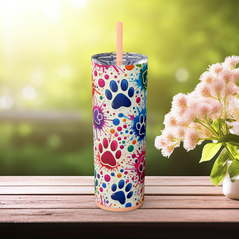 🎨 Color Splash Paw Print Skinny Tumbler – 20oz Pet Lover Edition 🐶🐱 Matte Blush 20oz
