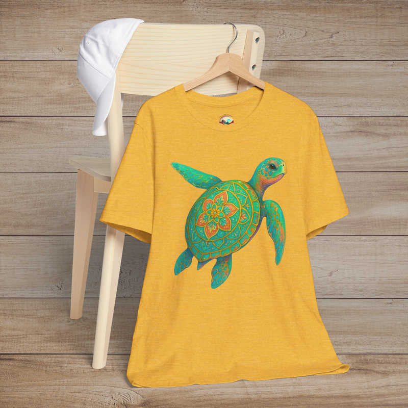 🐢 Boho Sea Turtle Graphic Tee – Coastal Mandala Turtle Shirt | Nature-Inspired Apparel Heather Yellow Gold