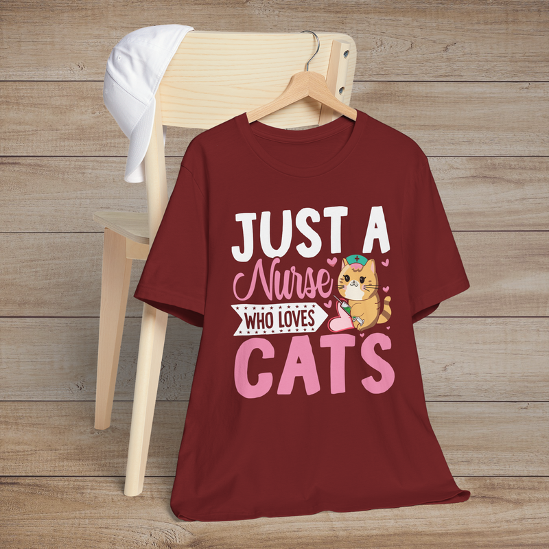 Cardinal red t-shirt with an adorable orange cat nurse design surrounded by pink hearts and the phrase Just a Nurse Who Loves Cats