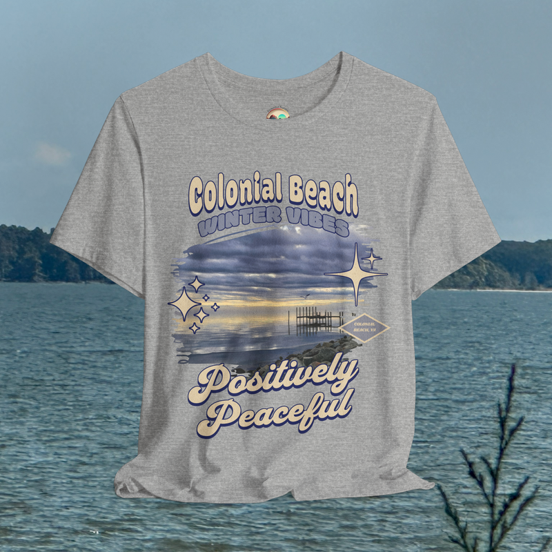colonial beach winter vibes heather grey premium t-shirt hanging by the water