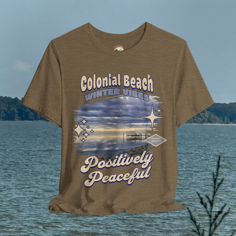 colonial beach winter vibes heather olive premium t-shirt hanging by the water