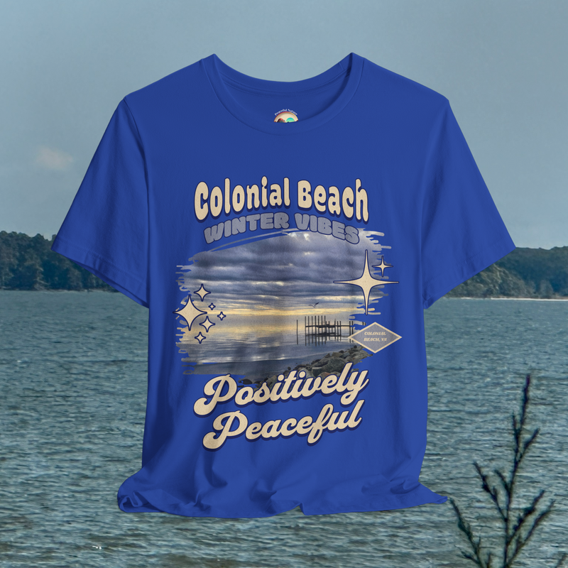 colonial beach winter vibes royal blue premium t-shirt hanging by the water
