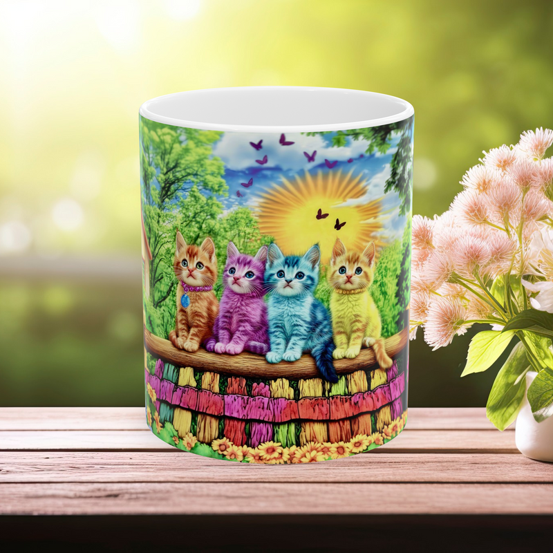 11 oz white fantasy mug, center view, with cheerful multi-colored kittens sitting on a painted wooden fence.