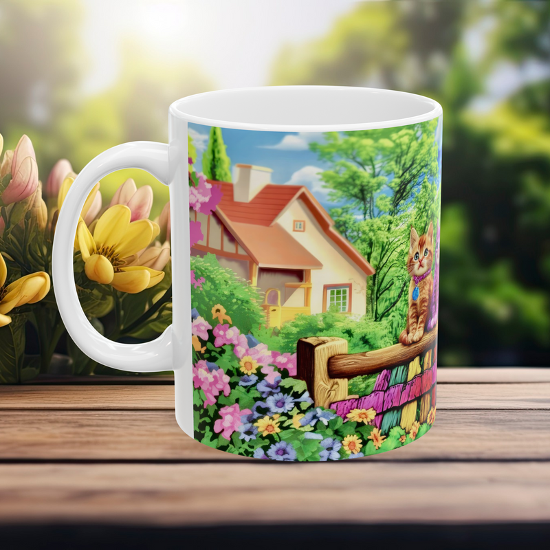 11 oz fantasy kitten mug, left-handle view, with a charming home scene, blooming garden, and curious cat.
