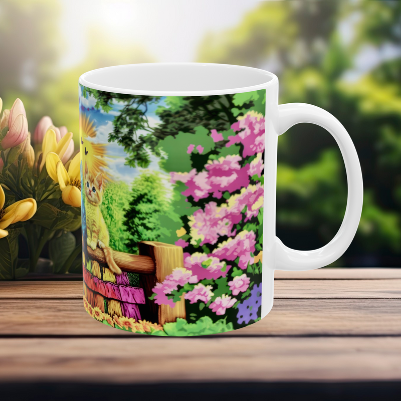 11 oz fantasy kitten mug with a right-handle view, showcasing colorful cats and a sunny floral landscape.