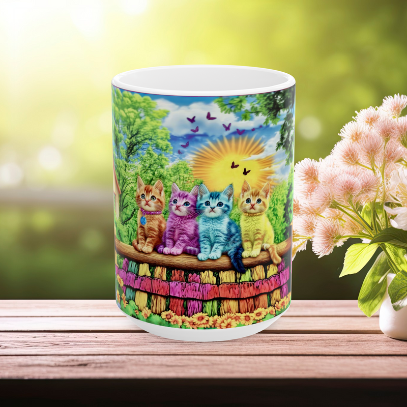 Center view of 15 oz white mug featuring a group of colorful kittens on a rainbow fence with sun and butterflies.
