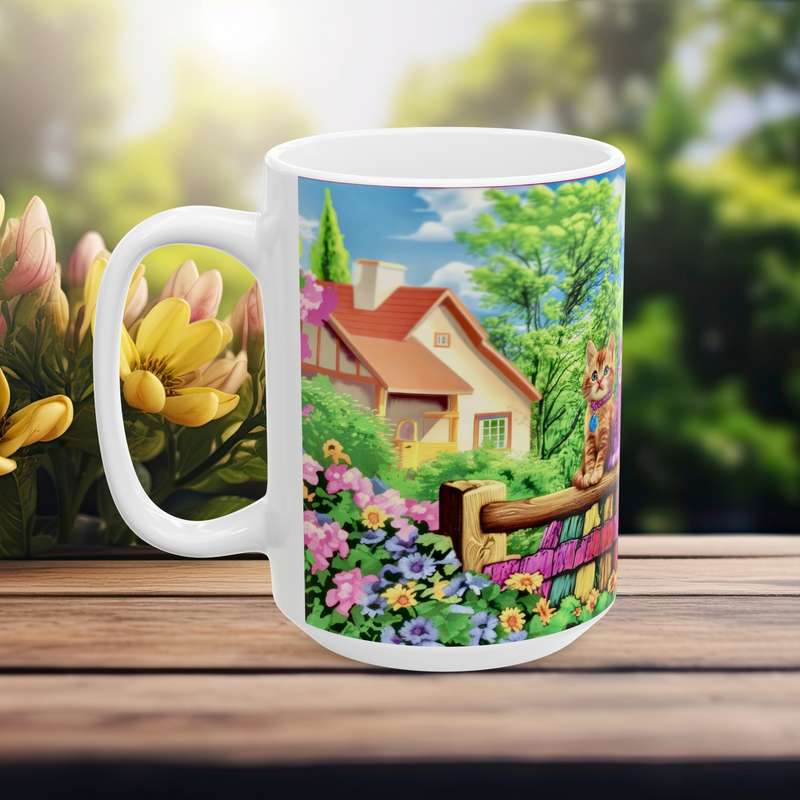 15 oz fantasy kitten mug with left handle view, featuring a cozy cottage, bright flowers, and playful cats.