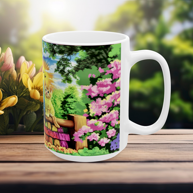 15 oz white ceramic mug featuring vibrant kittens on a rainbow fence with a sunrise background β right handle view.