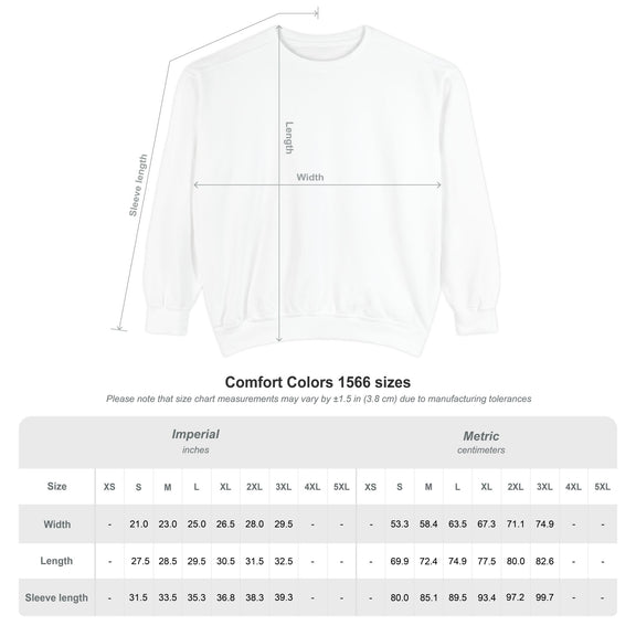 Measurement chart for the Comfort Colors 1566 sweatshirt with dimensions labeled on a white background