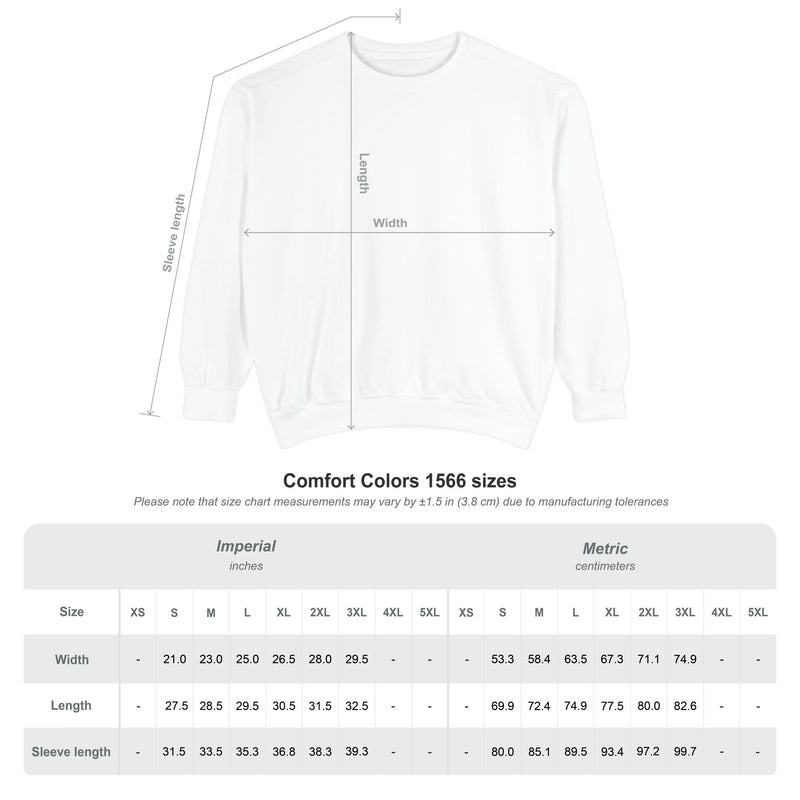 Measurement chart for the Comfort Colors 1566 sweatshirt with dimensions labeled on a white background