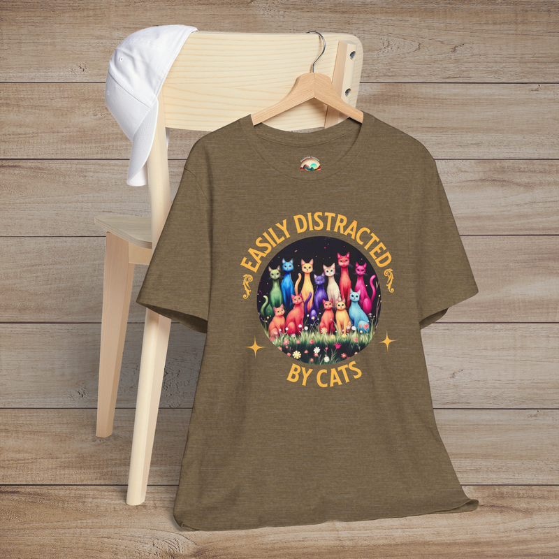 🐾 Easily Distracted By Cats T-Shirt – Colorful Rainbow Cat Lovers Tee Heather Olive