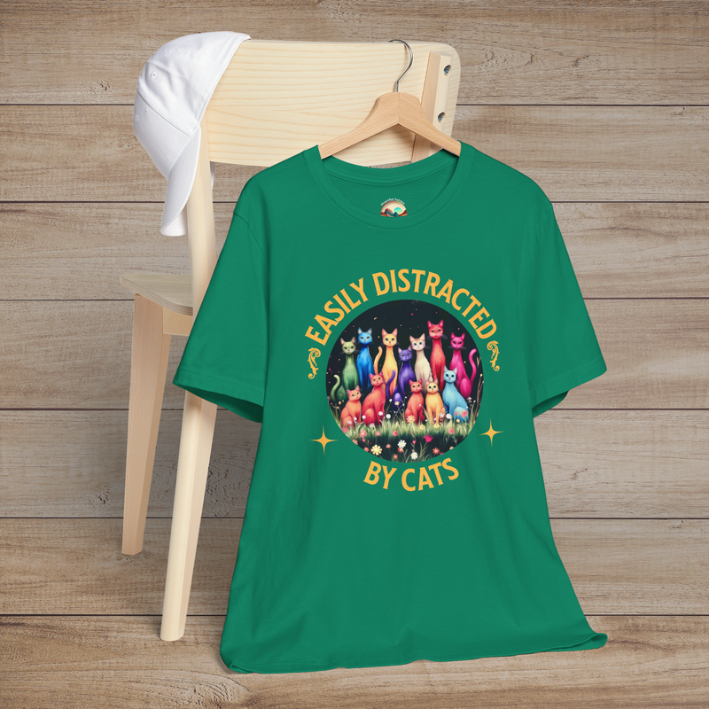 🐾 Easily Distracted By Cats T-Shirt – Colorful Rainbow Cat Lovers Tee Kelly