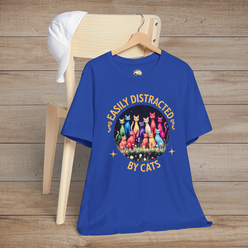 🐾 Easily Distracted By Cats T-Shirt – Colorful Rainbow Cat Lovers Tee True Royal