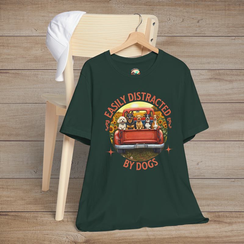 🐾 Easily Distracted By Dogs – Retro Pickup Truck Graphic Tee Forest