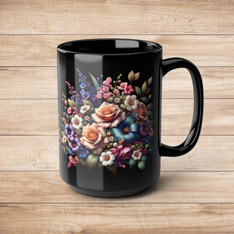 15 oz black ceramic mug showcasing a colorful floral bouquet design with vivid flowers in pink, red, blue, and green hues, viewed from the right side