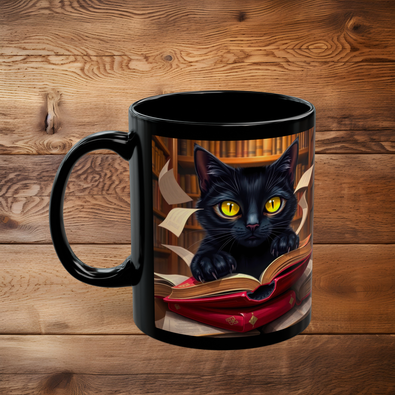 The Enchanted Library Black Cat Mug - A Spellbinding Coffee Experience!