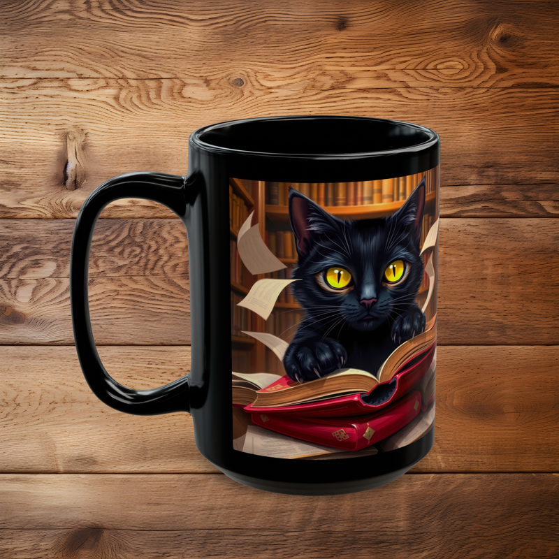 The Enchanted Library Black Cat Mug - A Spellbinding Coffee Experience! 15oz