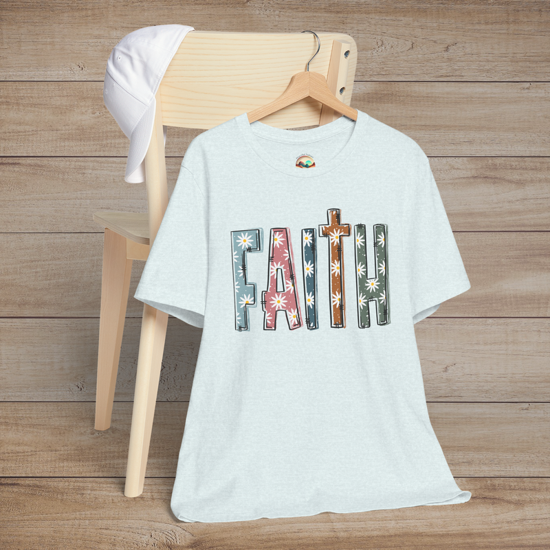 Faith in Bloom – Premium Floral Block Letter Graphic Tee 🌼 Heather Ice Blue