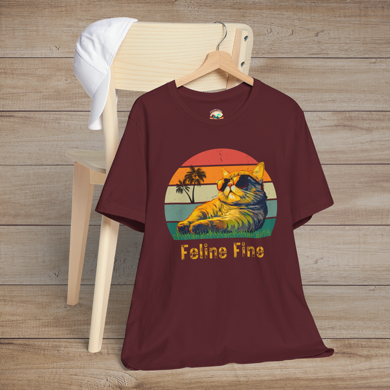 Feline Fine Retro T-Shirt – Cool Cat Vibes & Vintage Style Maroon
