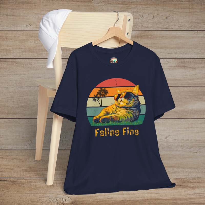 Feline Fine Retro T-Shirt – Cool Cat Vibes & Vintage Style Navy
