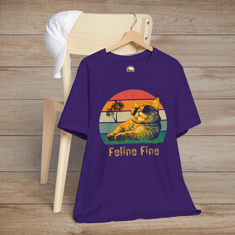 Feline Fine Retro T-Shirt – Cool Cat Vibes & Vintage Style Team Purple