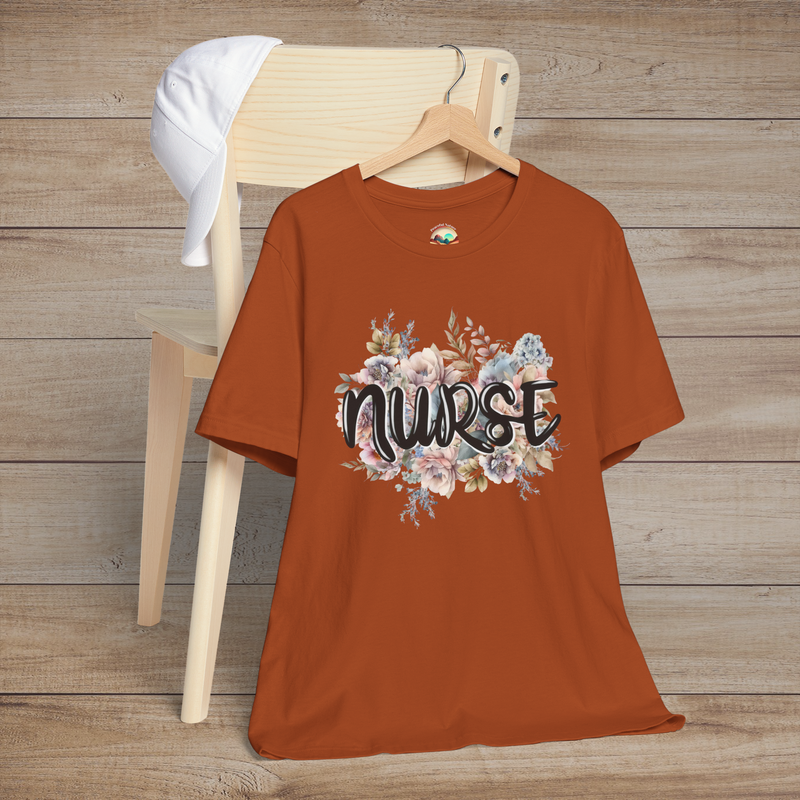 Autumn-colored Nurse Floral Premium Fit T-Shirt displayed on hanger, featuring elegant pastel flowers and black script lettering