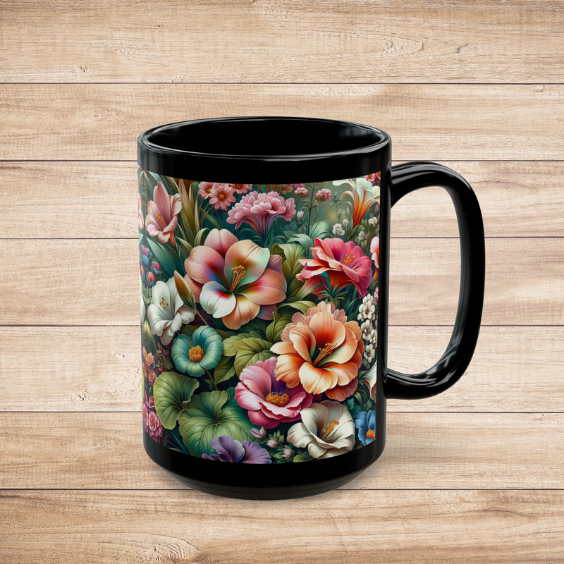 15 oz black ceramic coffee mug featuring a vibrant garden floral design with colorful hibiscus and tropical flowers in shades of orange, pink, blue, and purple