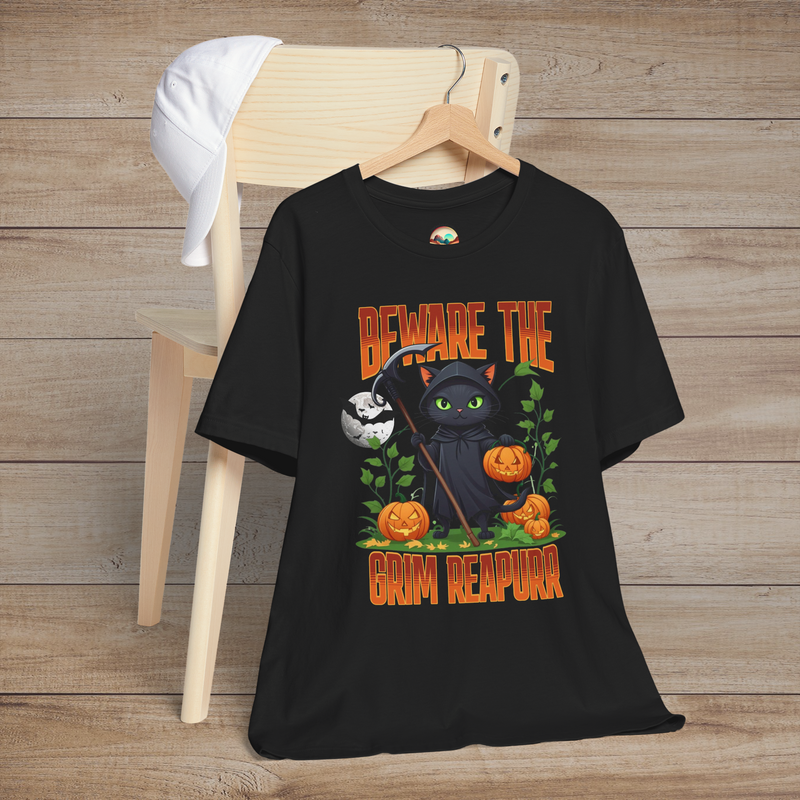 The "Beware the Grim Reapurr" T-Shirt - Halloween Black Cat Tee Black