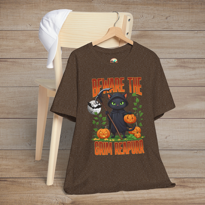 The "Beware the Grim Reapurr" T-Shirt - Halloween Black Cat Tee Heather Brown