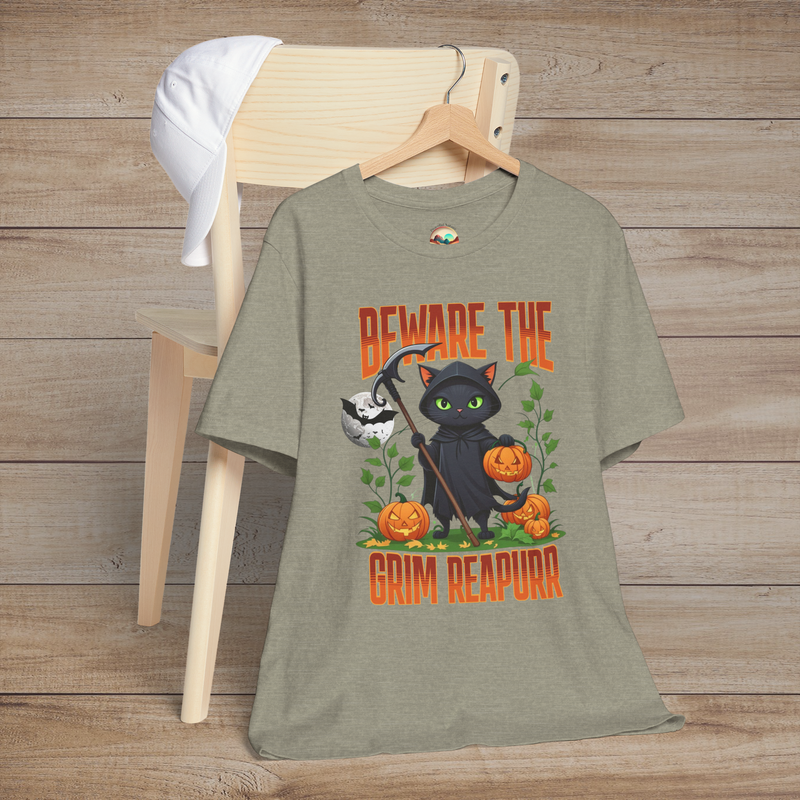 The "Beware the Grim Reapurr" T-Shirt - Halloween Black Cat Tee Heather Stone