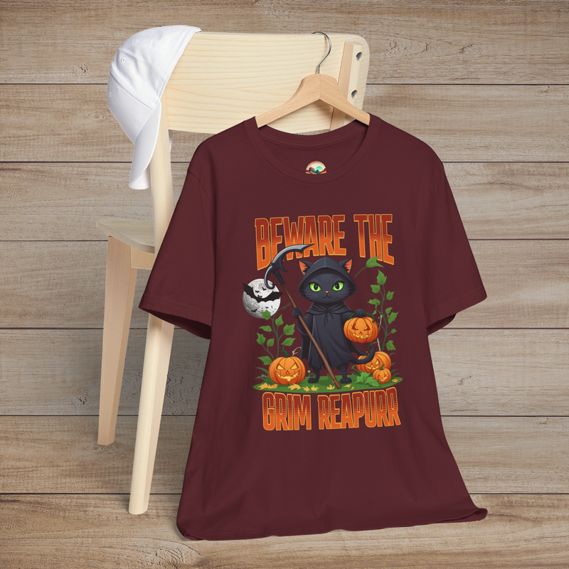 The "Beware the Grim Reapurr" T-Shirt - Halloween Black Cat Tee Maroon