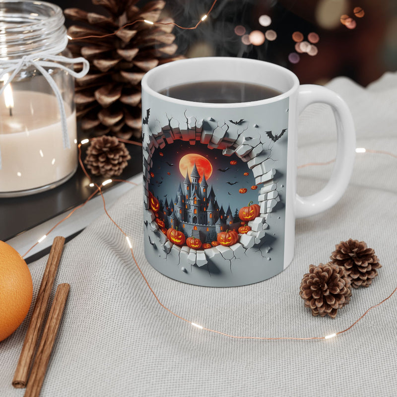Right-side view of the 11 oz Halloween Mischief Mug on a cozy table with candlelight, featuring a spooky 3D castle scene with jack-o’-lanterns, bats, and a crumbling wall effect. Perfect for festive fall coffee moments