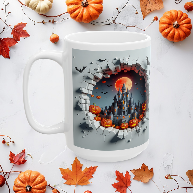 Left view of the 15 oz Halloween Mischief Mug surrounded by pumpkins and autumn leaves. Features a vibrant haunted castle, bats, and carved jack-o’-lanterns breaking through a cracked stone wall design. Ideal for festive fall sipping