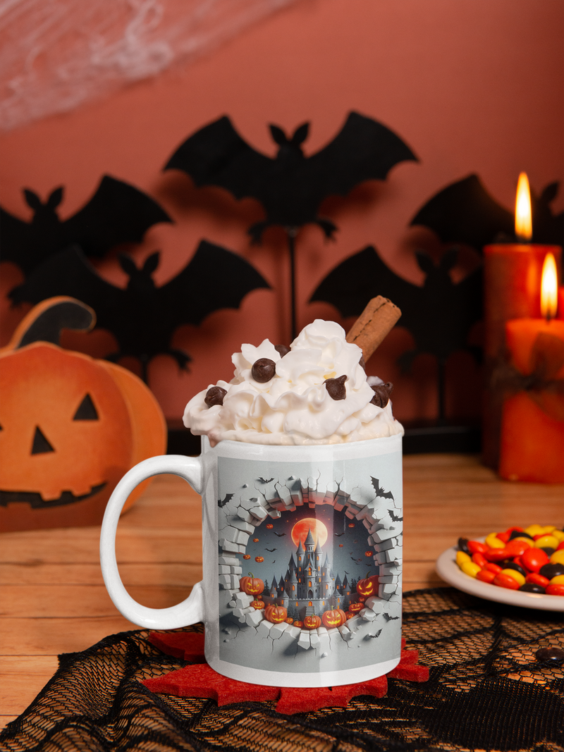 Halloween-themed mug with hot chocolate, pumpkins, and bats in the background