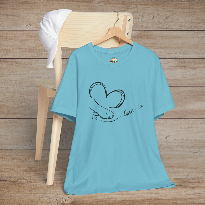 Turquoise t-shirt displaying minimalist heart design blending a human hand and animal paw with the word love in script