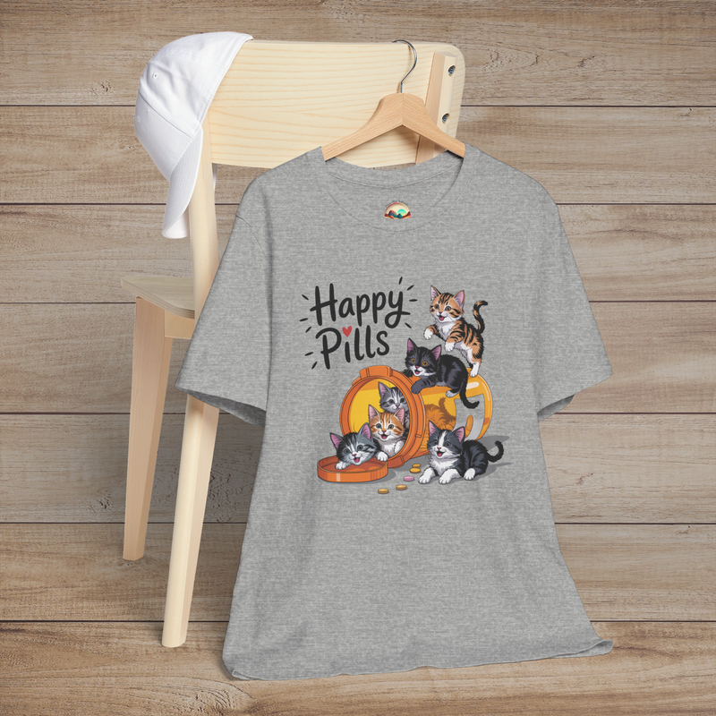 Happy Pills kitten t-shirt on heather grey (athletic heather) fabric with playful cats spilling from a pill bottle