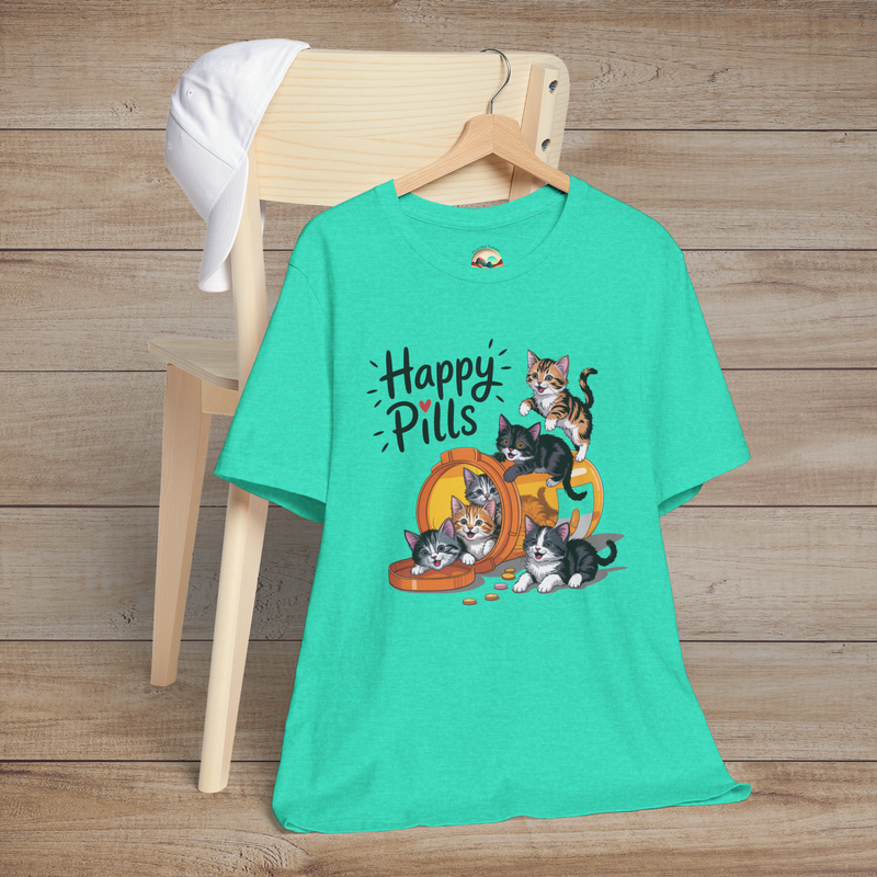 Happy Pills t-shirt in heather sea green with cheerful kittens spilling out of a labeled pill bottle