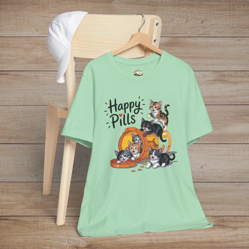 Mint green t-shirt with cute cats on Happy Pills graphic, perfect for animal lovers