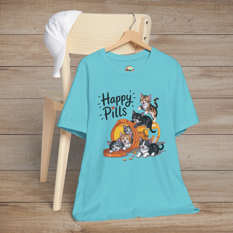 Turquoise t-shirt with bright and happy cartoon cats spilling from a whimsical pill bottle design