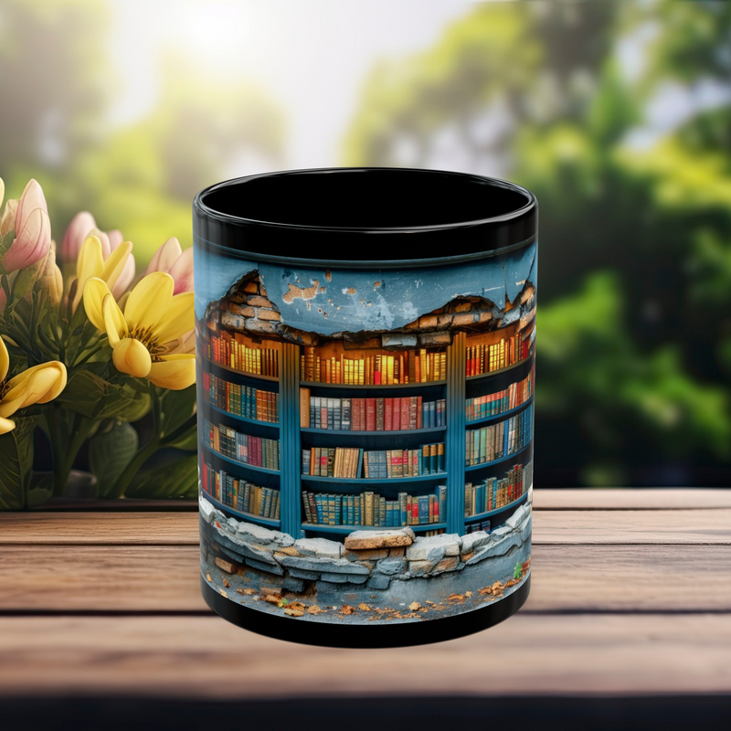 11 oz black ceramic mug showcasing a hidden bookshelf design built into a rustic cracked stone wall – center view.