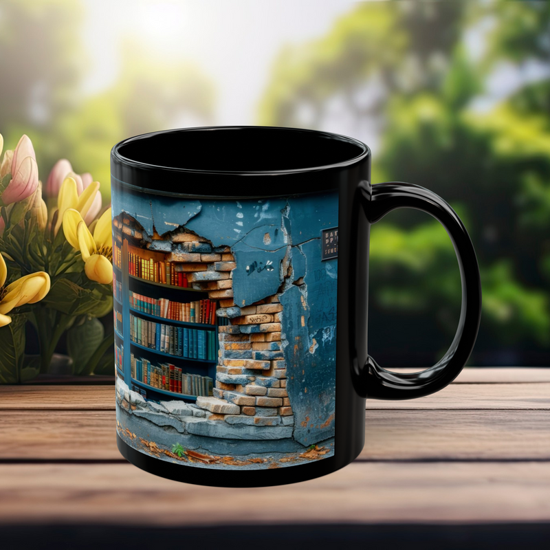 Right-side view of 11 oz mug with crumbling brick and bookshelf hidden in an urban grunge setting.